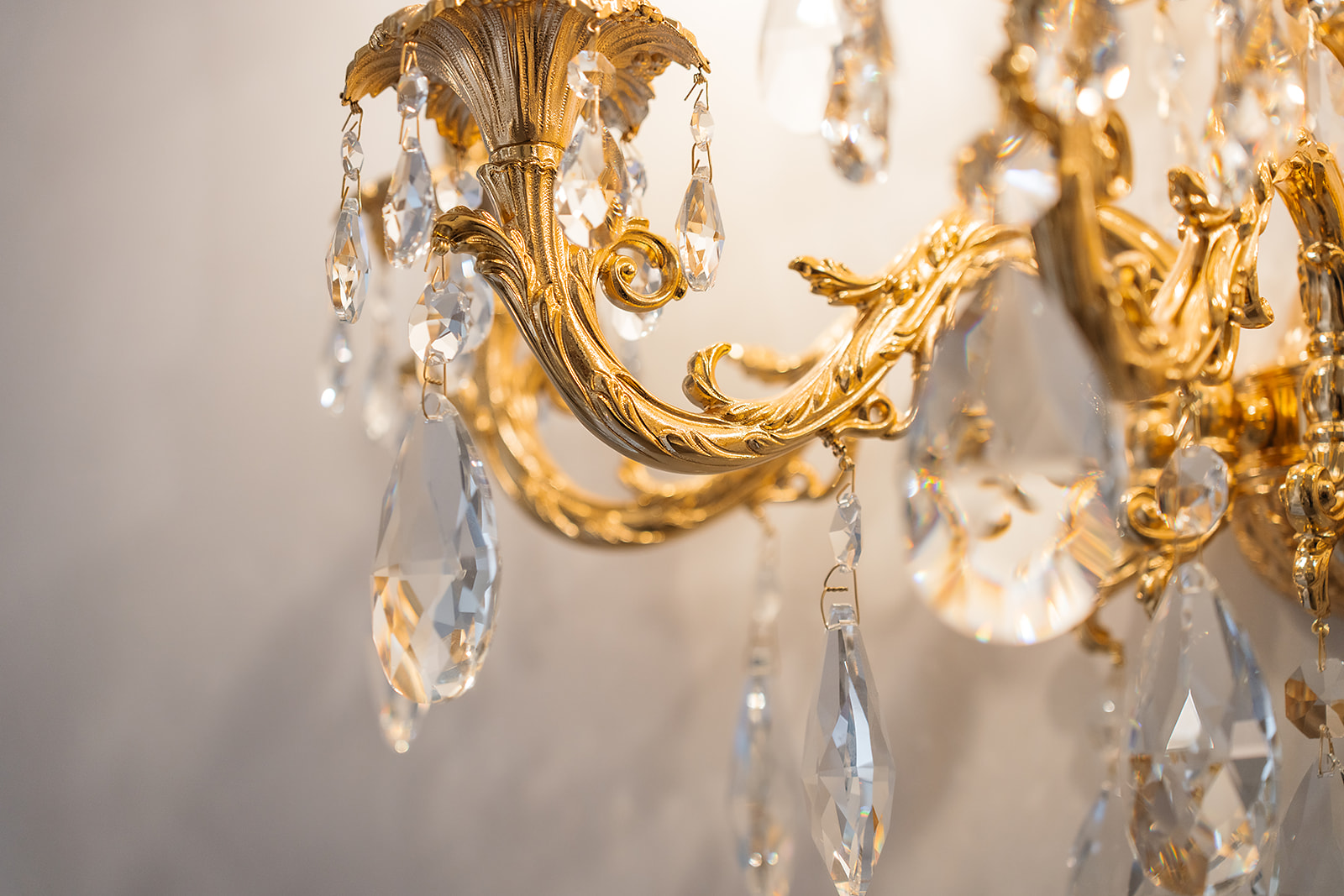 Crystal drops on a gilt bronze chandelier