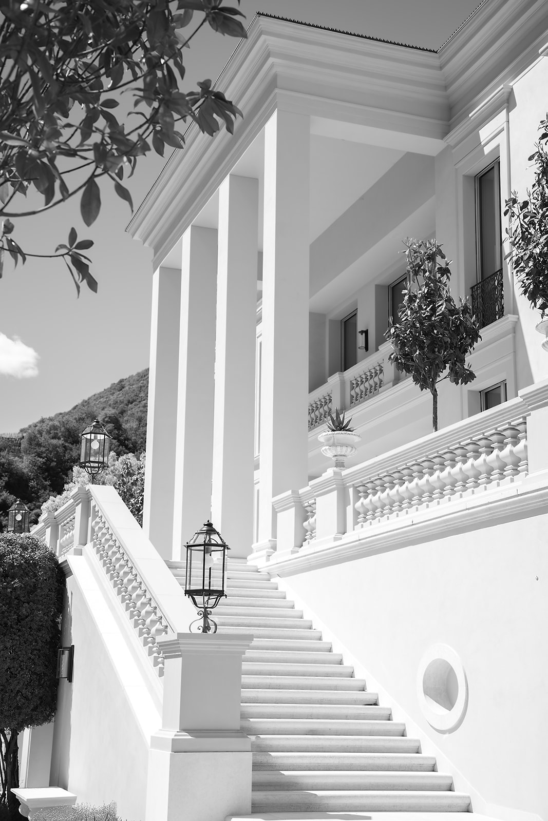 Grand palladian stair rising to the portico, in black and white