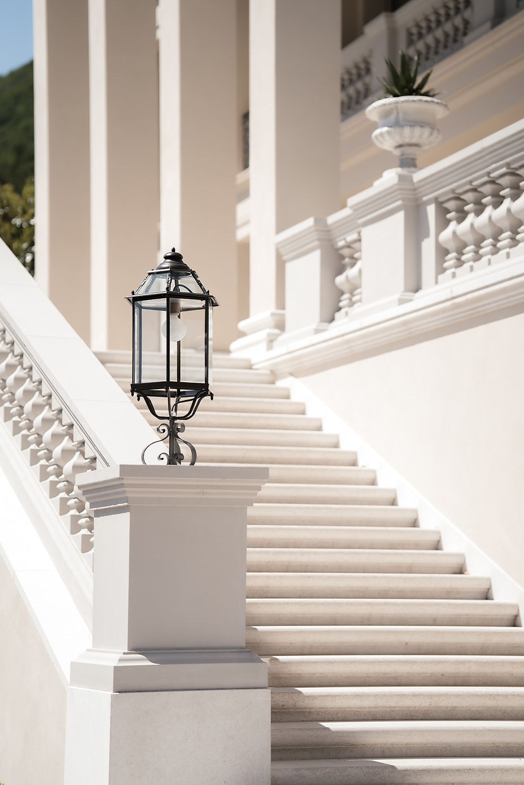 Wrought-iron lantern on the grand entrance stair
